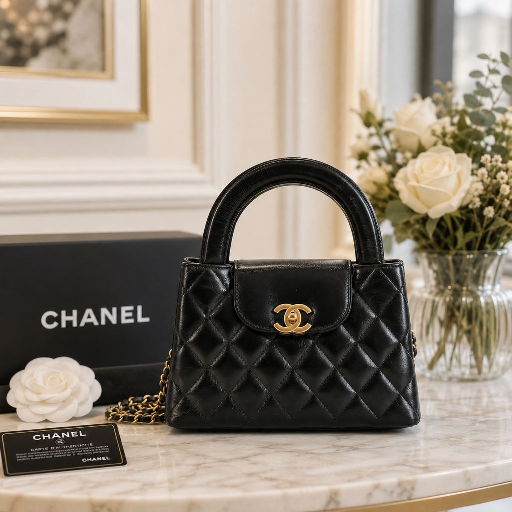 Chanel Kelly Top Handle Shopping Bag Quilted Shiny Aged Calfskin Mini