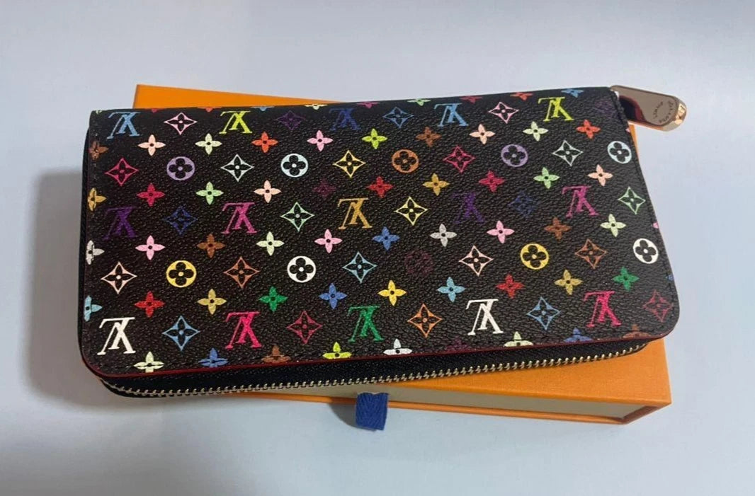 LOUIS VUITTON X Murakami Black MultiColor Full Zip Wallet Pink
