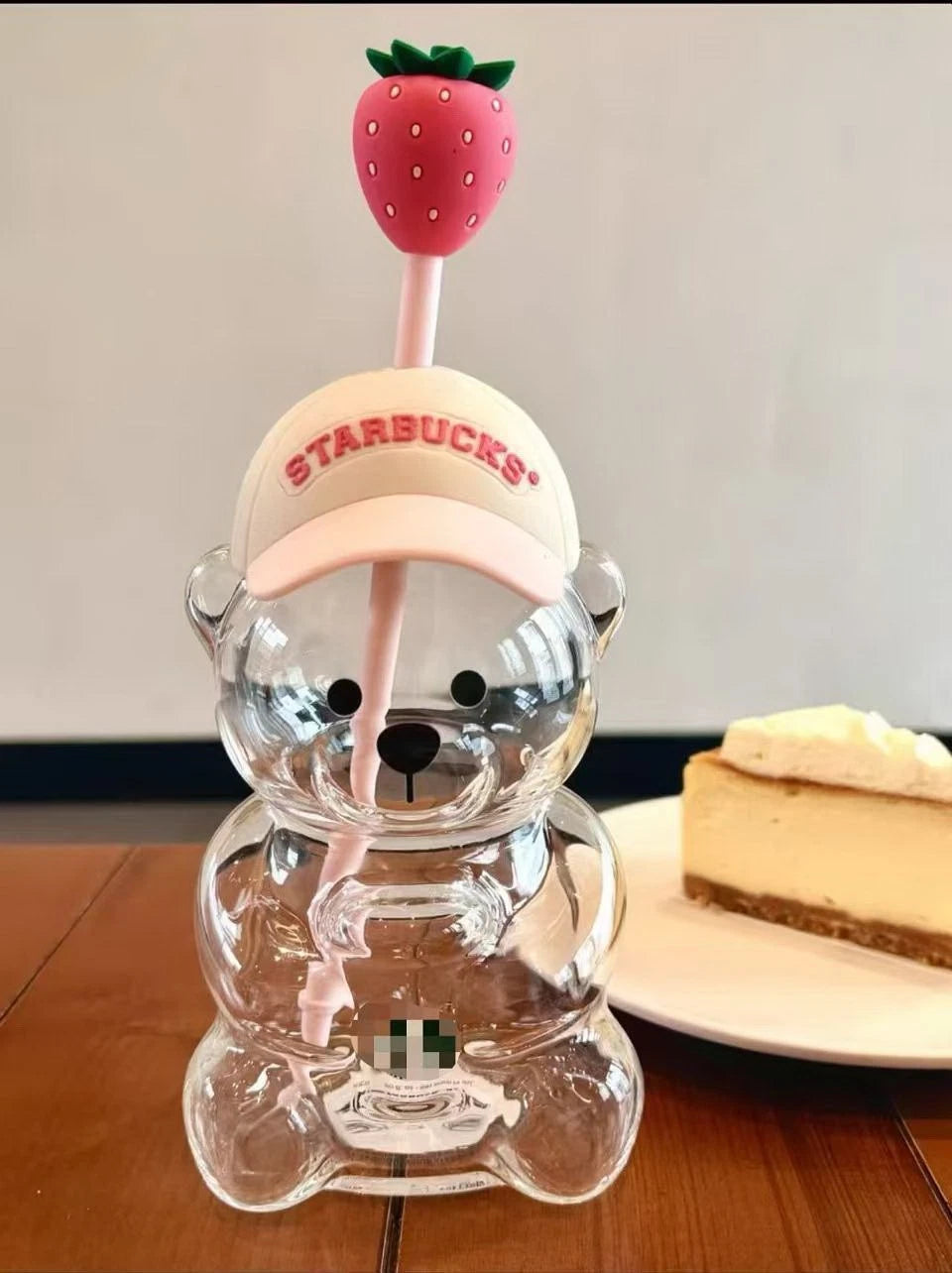 2026 Starbuck Barista Bear Glass Cup Coffee Baseball Cap Strawberry Topper Straw