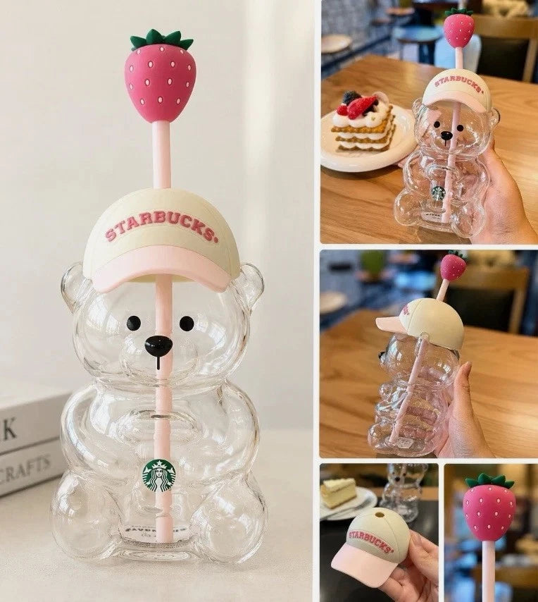 2026 Starbuck Barista Bear Glass Cup Coffee Baseball Cap Strawberry Topper Straw