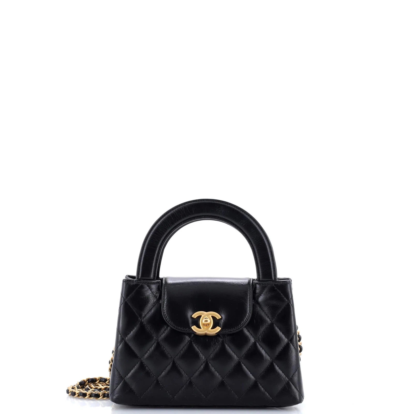 Chanel Kelly Top Handle Shopping Bag Quilted Shiny Aged Calfskin Mini
