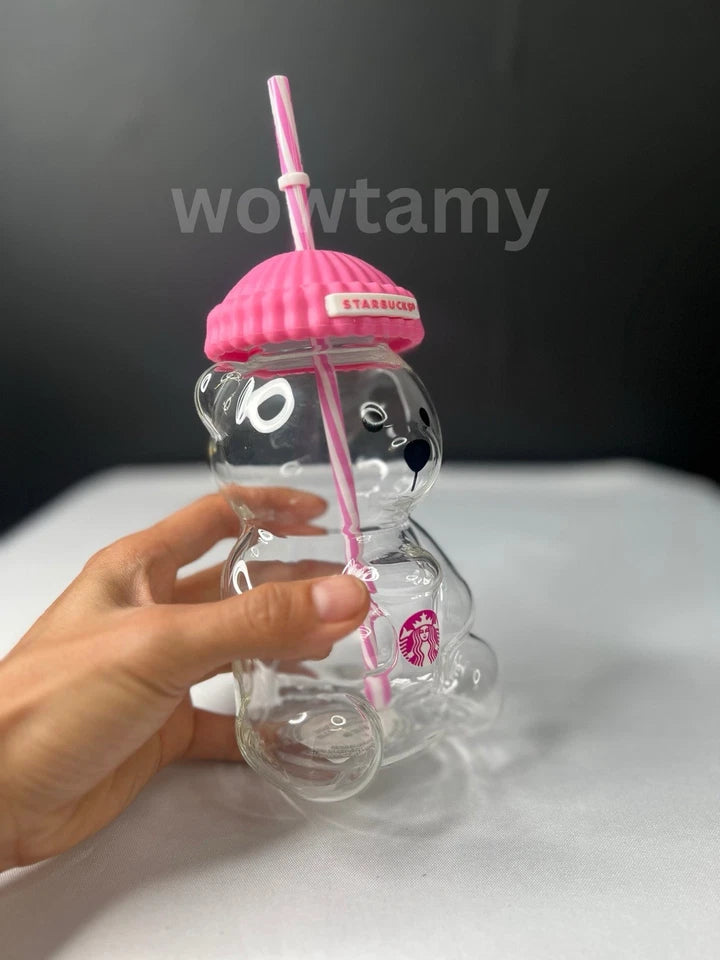 Bearista Strawberry Bear Glass Jar Cold Cup With Straw - Valentines Custom Made