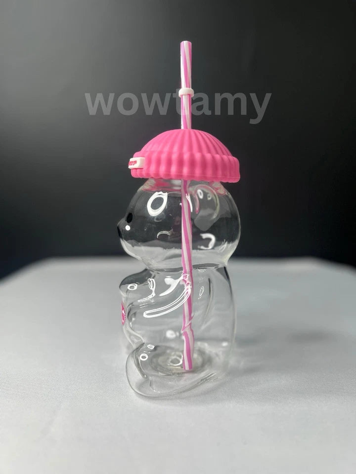 Bearista Strawberry Bear Glass Jar Cold Cup With Straw - Valentines Custom Made